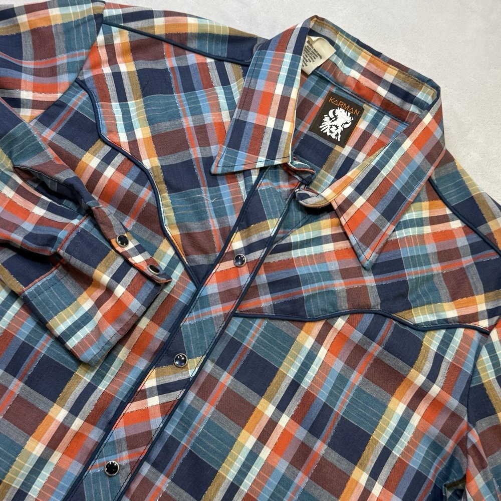 Vtg 70s Karman Womens 13/14P Western Shirt Pearl Snap Brown Plaid Rock Cowboy